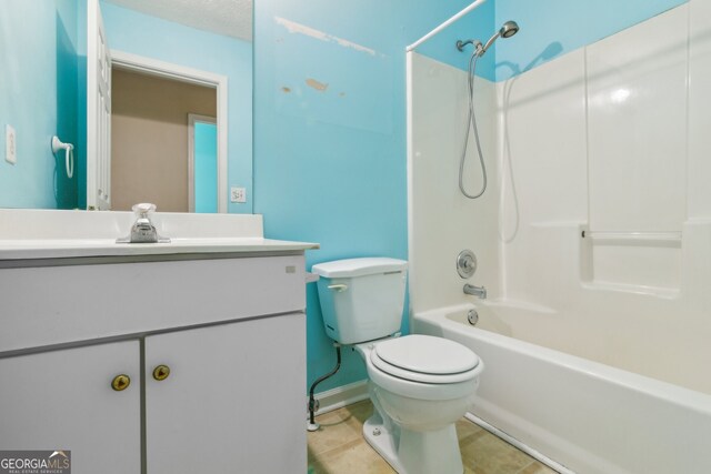 111 Trellis Ct, Acworth, GA 30101 - bathroom featuring toilet, vanity, shower / bath combination, tile patterned floors, and baseboards
