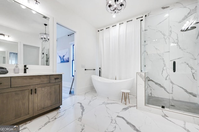 201 Dobbs Rd, Woodstock, GA 30188 - full bathroom featuring a marble finish shower, a freestanding bath, marble tiled floors, and vanity