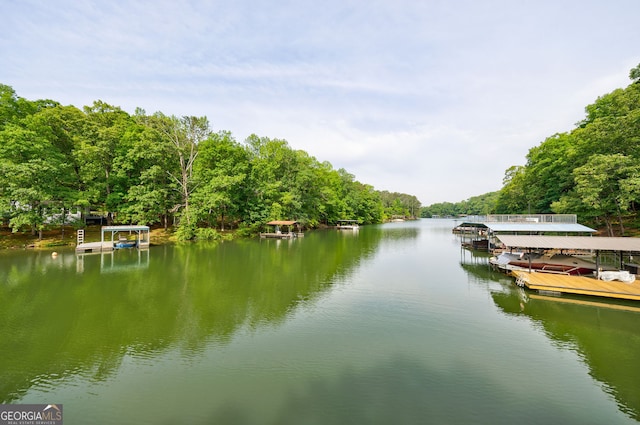 water view with a dock, a forest, and boat lift