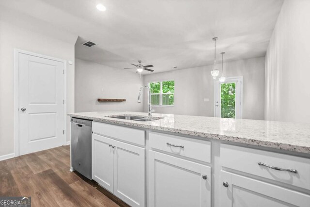 3181 Meadowstone Ln SW, Atlanta, GA 30331 - kitchen featuring a sink, dishwasher, dark wood-style floors, white cabinetry, and ceiling fan