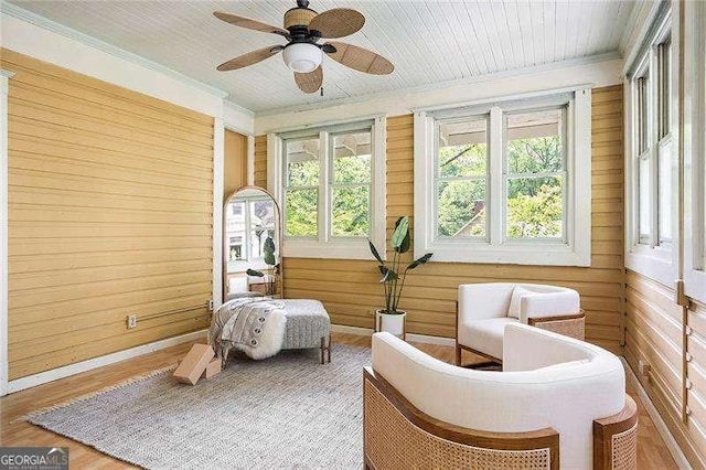 118 Waverly Way, Atlanta, GA 30307 - sunroom featuring crown molding, wooden walls, and wood finished floors