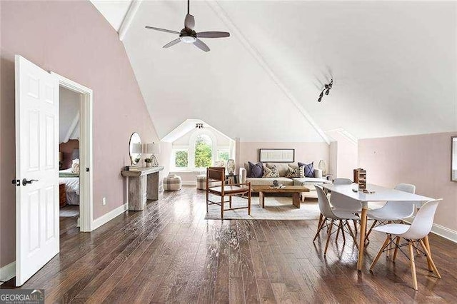 118 Waverly Way, Atlanta, GA 30307 - dining space with vaulted ceiling, a ceiling fan, and dark wood-style floors