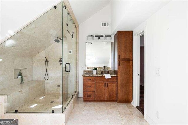 118 Waverly Way, Atlanta, GA 30307 - full bath with a shower stall, vaulted ceiling, and vanity