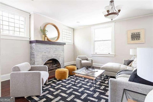 118 Waverly Way, Atlanta, GA 30307 - living area featuring baseboards, ornamental molding, a fireplace, and wood finished floors