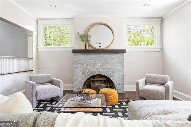 118 Waverly Way, Atlanta, GA 30307 - living room with baseboards, healthy amount of natural light, a fireplace with flush hearth, ornamental molding, and wood finished floors