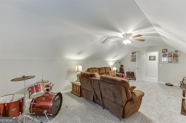 4355 Old Hamilton Mill Rd, Buford, GA 30518 - living room with light colored carpet, ceiling fan, and lofted ceiling