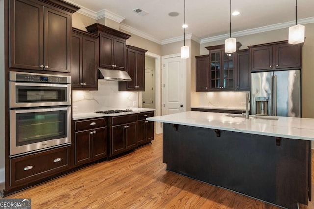 2165 Mcfarlin Ln, Alpharetta, GA 30004 - kitchen featuring appliances with stainless steel finishes, a sink, under cabinet range hood, light wood-style flooring, and dark brown cabinetry