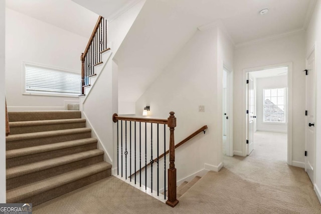 2165 Mcfarlin Ln, Alpharetta, GA 30004 - stairway featuring carpet, baseboards, and ornamental molding