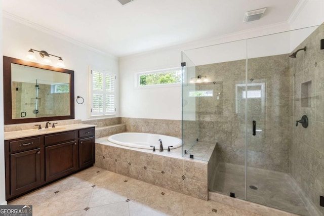 2165 Mcfarlin Ln, Alpharetta, GA 30004 - full bathroom with a garden tub, a stall shower, tile patterned floors, vanity, and crown molding
