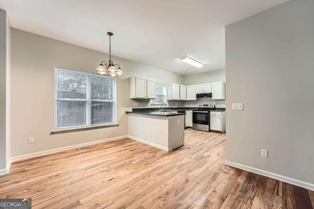 558 Elbridge Dr NW, Atlanta, GA 30318 - kitchen featuring stainless steel electric range oven, under cabinet range hood, a chandelier, dark countertops, and a peninsula