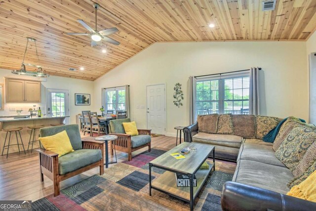 255 S Grove St, Dahlonega, GA 30533 - living room with vaulted ceiling, wood finished floors, ceiling fan, wood ceiling, and recessed lighting