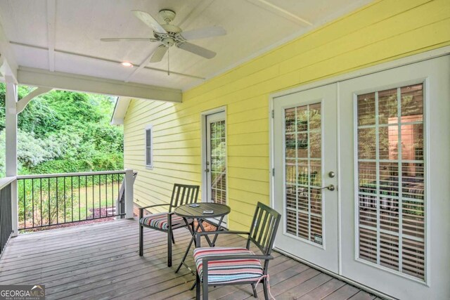 255 S Grove St, Dahlonega, GA 30533 - wooden deck with french doors and a ceiling fan