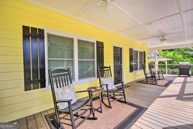 255 S Grove St, Dahlonega, GA 30533 - wooden deck featuring a ceiling fan, area for grilling, and a porch