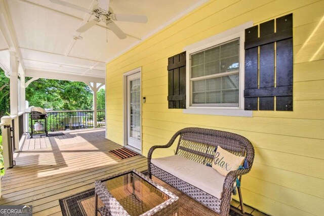 255 S Grove St, Dahlonega, GA 30533 - wooden terrace featuring a porch, ceiling fan, and a grill