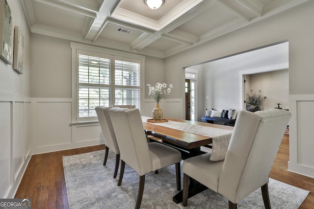 dining area with coffered ceiling, a wainscoted wall, dark wood finished floors, a decorative wall, and beamed ceiling