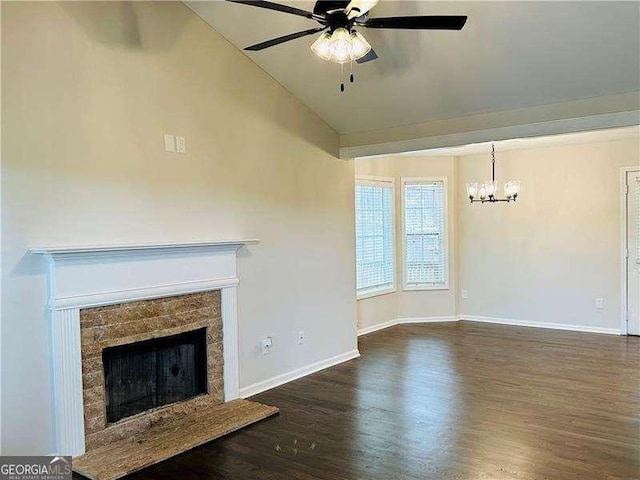 107 Oconnor Dr, Dallas, GA 30157 - unfurnished living room with a ceiling fan, dark wood-style flooring, baseboards, a chandelier, and high vaulted ceiling