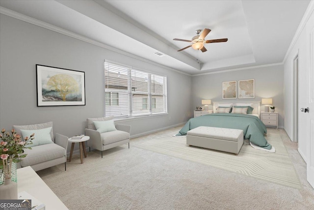 360 Turtle Creek Dr, Winder, GA 30680 - carpeted bedroom featuring baseboards, crown molding, a tray ceiling, and a ceiling fan