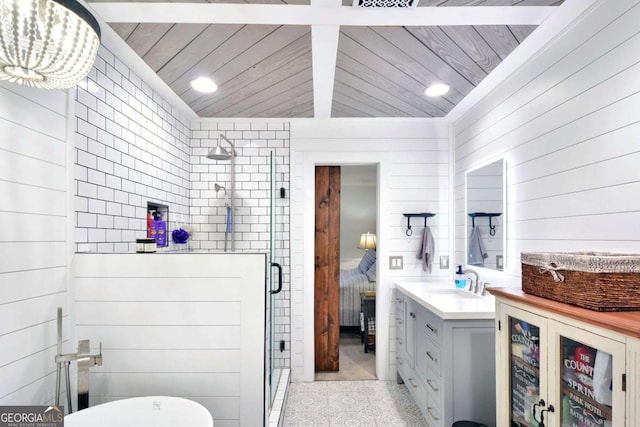 109 Mackqueen Dr, Brunswick, GA 31525 - full bath with a stall shower, vanity, recessed lighting, wooden ceiling, and ensuite bathroom
