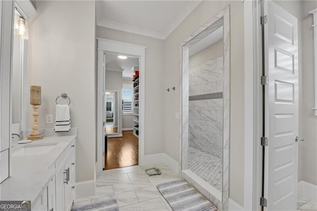 5844 Yoshino Cherry Ln, Braselton, GA 30517 - full bath with marble finish flooring, ornamental molding, tiled shower, vanity, and baseboards