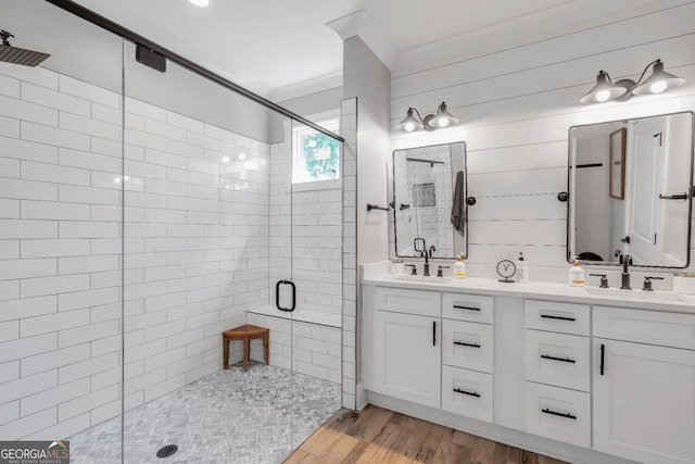 141 Alaina Rd, Canton, GA 30115 - full bathroom with a stall shower, double vanity, and wood finished floors