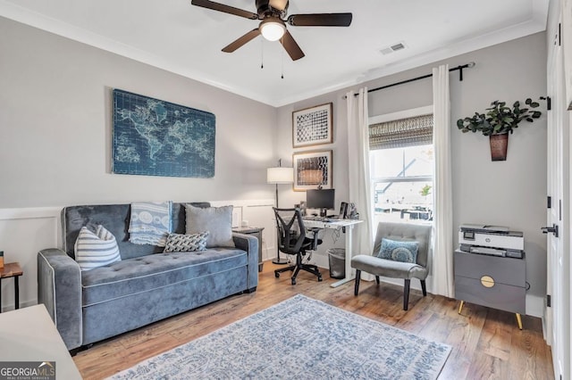141 Alaina Rd, Canton, GA 30115 - living area featuring an office area, ceiling fan, ornamental molding, and wood finished floors