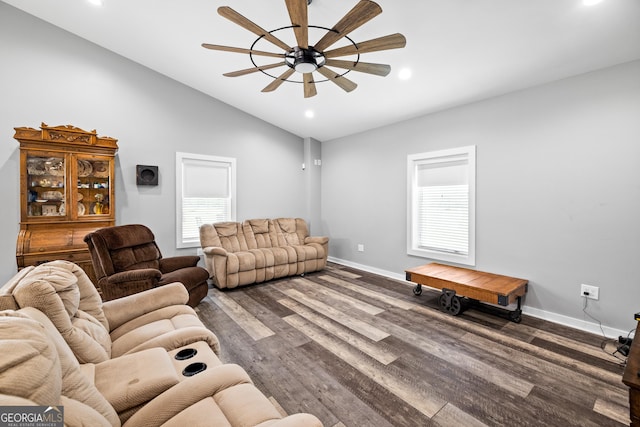 2109 Brewers Mill Rd, Elberton, GA 30635 - living area featuring a ceiling fan, lofted ceiling, wood finished floors, baseboards, and recessed lighting