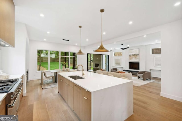 1287 Star Dr NE, Brookhaven, GA 30319 - kitchen with a sink, modern cabinets, stainless steel stove, light wood-type flooring, and recessed lighting