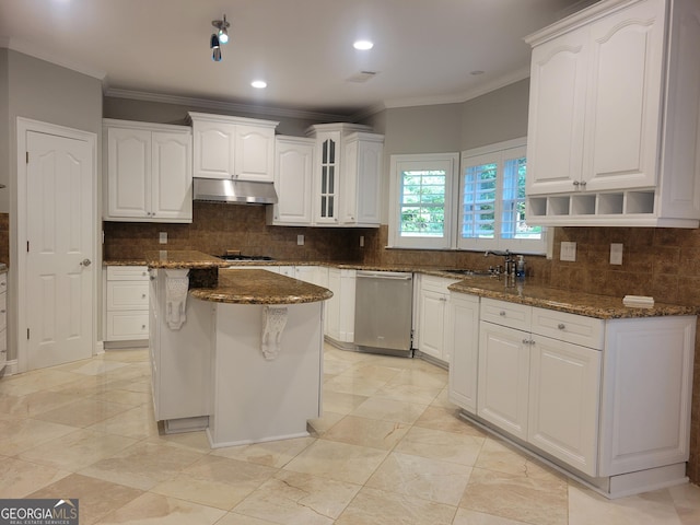 45 Mountain Crest Dr, Oxford, GA 30054 - kitchen featuring stainless steel dishwasher, under cabinet range hood, white cabinets, dark stone countertops, and ornamental molding