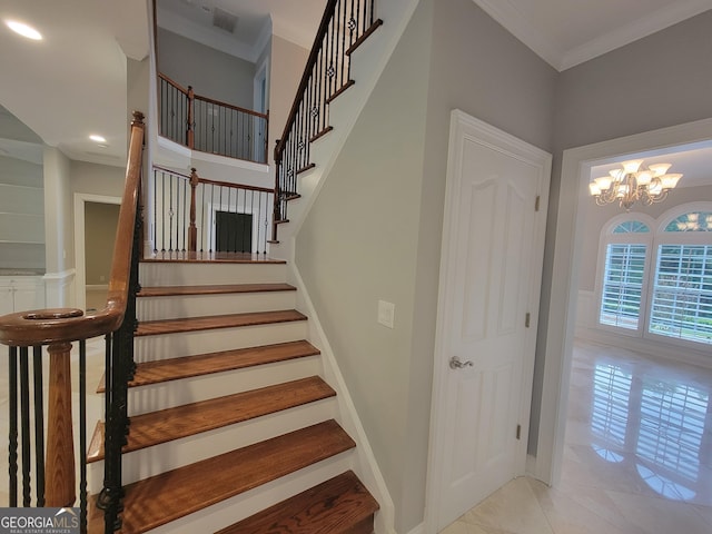 45 Mountain Crest Dr, Oxford, GA 30054 - stairway with a chandelier, ornamental molding, tile patterned floors, and recessed lighting