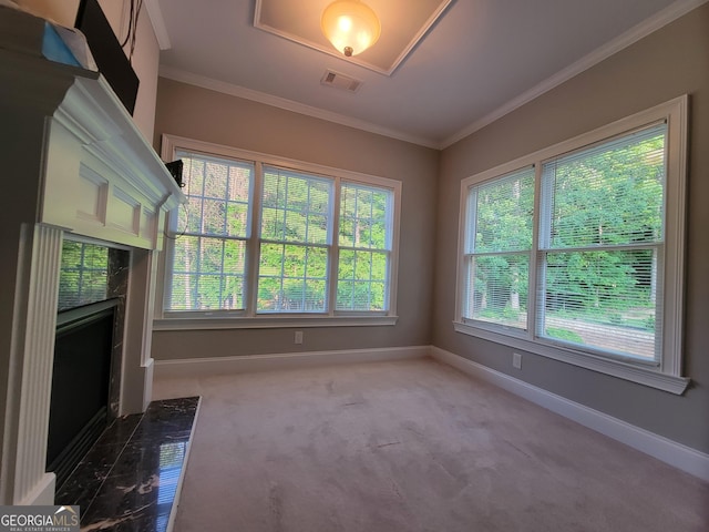 45 Mountain Crest Dr, Oxford, GA 30054 - empty room with baseboards, crown molding, dark carpet, and a fireplace