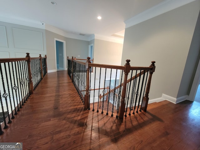 45 Mountain Crest Dr, Oxford, GA 30054 - corridor with an upstairs landing, wood finished floors, ornamental molding, baseboards, and recessed lighting