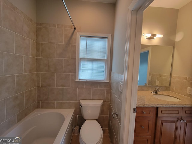 45 Mountain Crest Dr, Oxford, GA 30054 - bathroom featuring toilet, tile walls, vanity, and bathtub / shower combination
