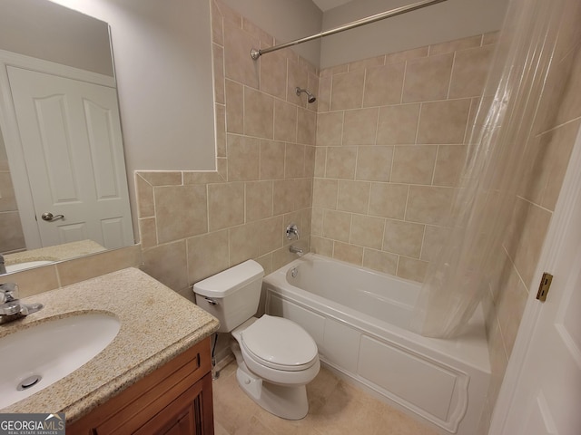 45 Mountain Crest Dr, Oxford, GA 30054 - bathroom featuring shower / bath combo with shower curtain, toilet, vanity, tile walls, and tile patterned flooring