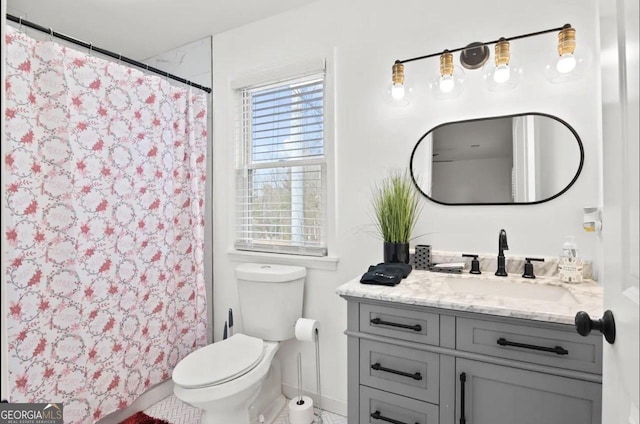 251 Aurora Ave NW, Atlanta, GA 30314 - bathroom with vanity, toilet, baseboards, and a shower with curtain