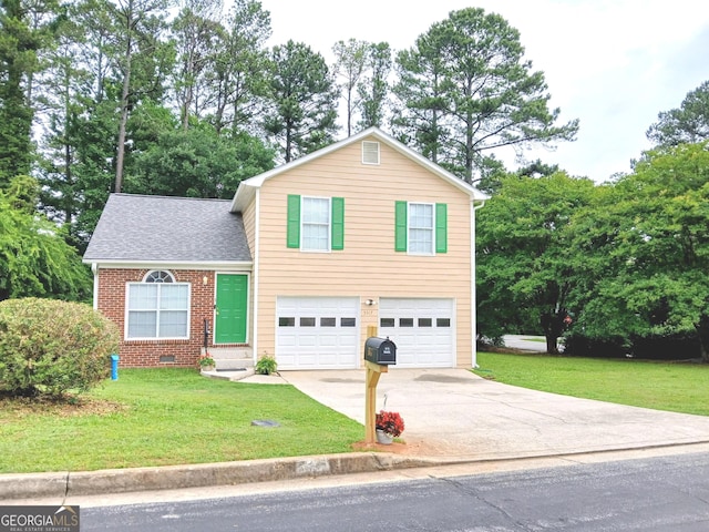 5517 Rock Shoals Way, Atlanta, GA 30349 - tri-level home featuring driveway, a garage, brick siding, a front lawn, and a shingled roof