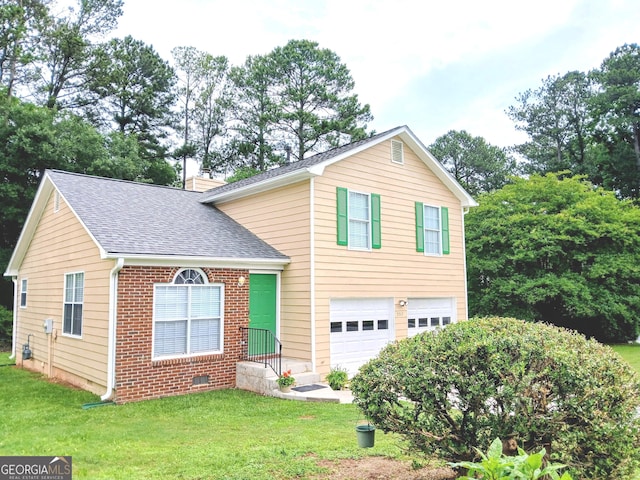 5517 Rock Shoals Way, Atlanta, GA 30349 - view of front facade featuring a shingled roof, an attached garage, a front lawn, brick siding, and a chimney