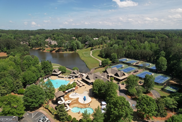 1023 Little Darby Ln, Suwanee, GA 30024 - aerial overview of property's location featuring a pool, a forest, and a nearby body of water
