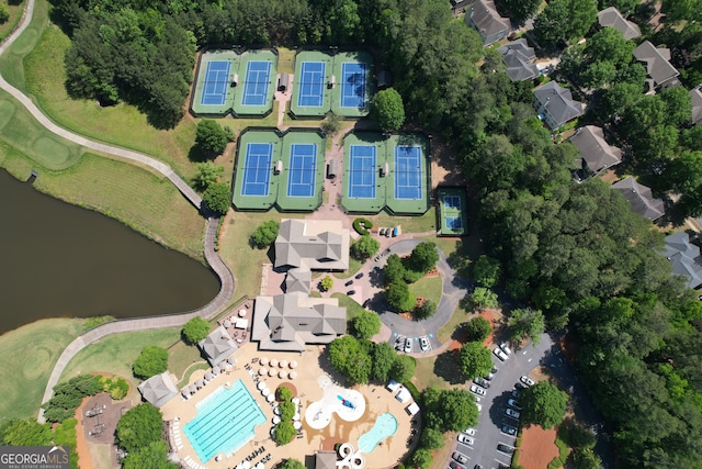 1023 Little Darby Ln, Suwanee, GA 30024 - aerial view of property and surrounding area featuring a pool area and a nearby body of water