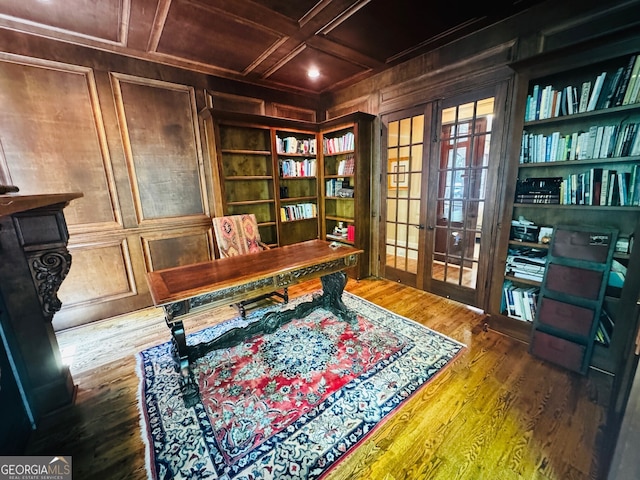 1023 Little Darby Ln, Suwanee, GA 30024 - home office featuring french doors, wood walls, wood finished floors, and wood ceiling