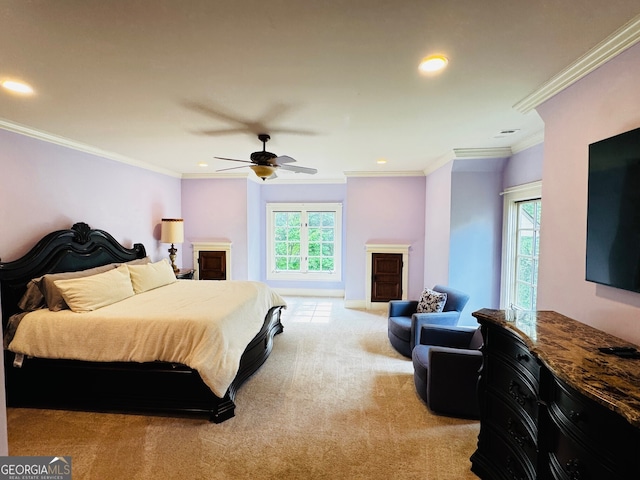1023 Little Darby Ln, Suwanee, GA 30024 - bedroom featuring a fireplace, multiple windows, light carpet, recessed lighting, and crown molding
