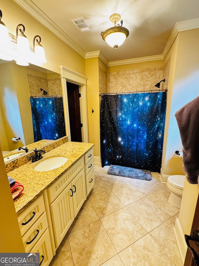 1023 Little Darby Ln, Suwanee, GA 30024 - bathroom with a tile shower, vanity, crown molding, toilet, and tile patterned floors