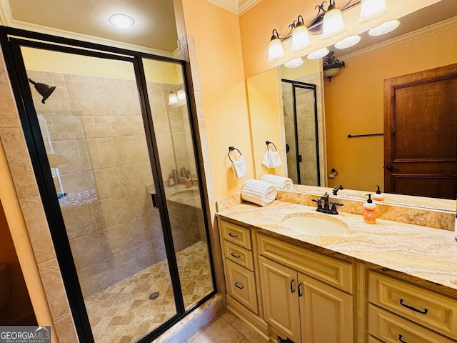 1023 Little Darby Ln, Suwanee, GA 30024 - bathroom featuring crown molding, vanity, a stall shower, and tile patterned flooring