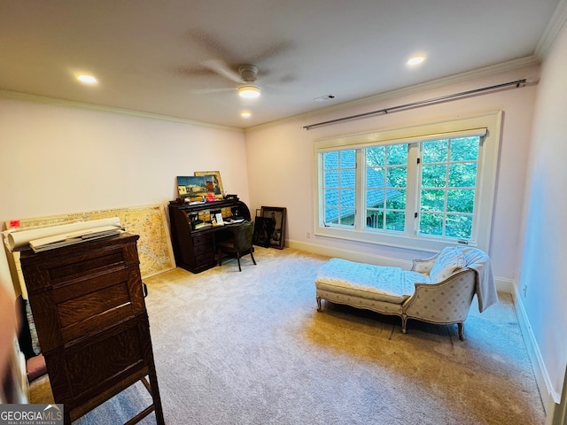 1023 Little Darby Ln, Suwanee, GA 30024 - living area with crown molding, carpet, ceiling fan, baseboards, and recessed lighting