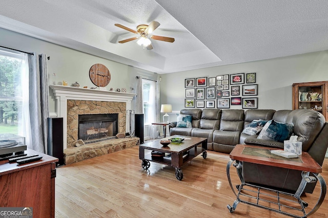 55 Hubbard Ct, Newnan, GA 30263 - living area featuring a ceiling fan, plenty of natural light, a textured ceiling, a raised ceiling, and light wood finished floors