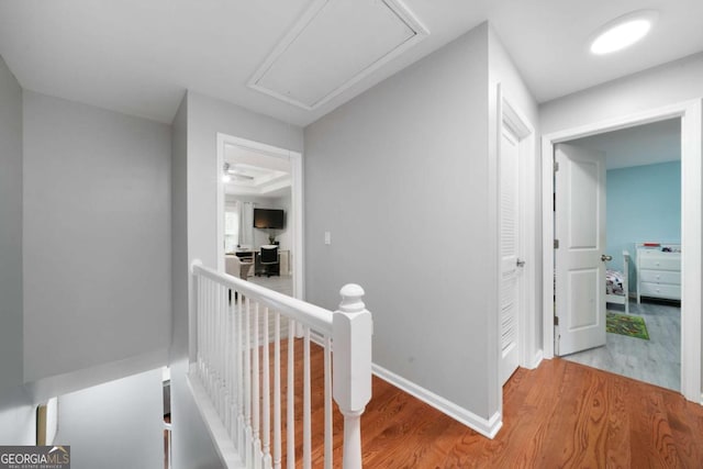 1630 Marsanne Ter NW Unit 27, Kennesaw, GA 30152 - hall featuring attic access, wood finished floors, an upstairs landing, and baseboards