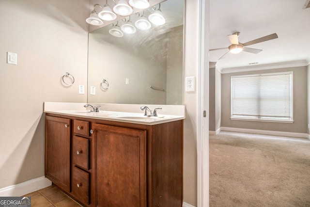 2551 Village Creek Lndg SE, Atlanta, GA 30316 - full bathroom with baseboards, double vanity, a ceiling fan, and crown molding