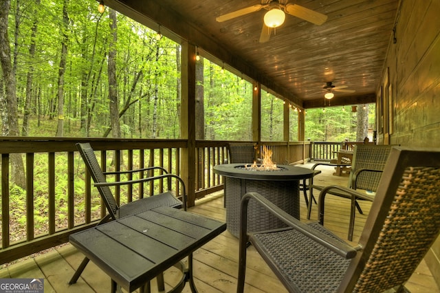 850 Mountain Lake Cir Unit 116, Blue Ridge, GA 30513 - wooden deck with ceiling fan, a fire pit, and a wooded view