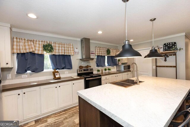 1208 Nease Rd, Guyton, GA 31312 - kitchen with wall chimney range hood, appliances with stainless steel finishes, a sink, light wood finished floors, and hanging light fixtures