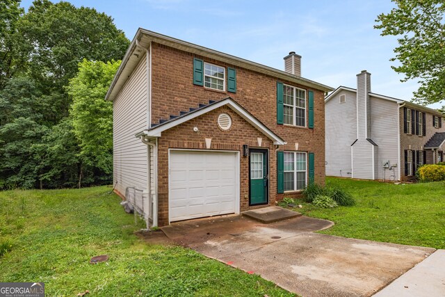 3949 Riverside Pkwy, Decatur, GA 30034 - view of front of property featuring an attached garage, a chimney, driveway, brick siding, and a front yard