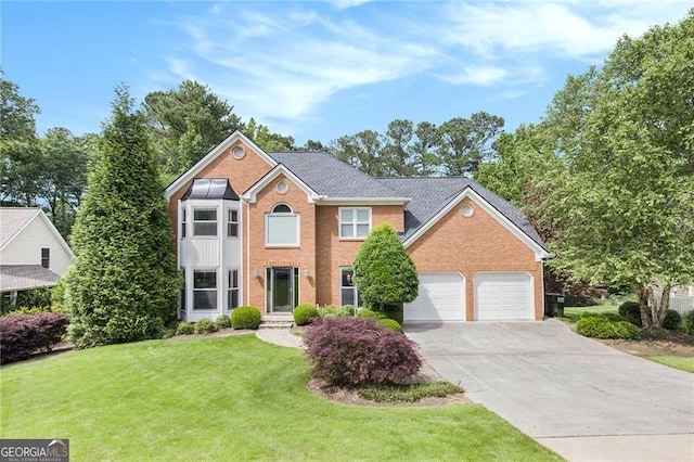 106 Waterford Pl, Acworth, GA 30101 - colonial inspired home with brick siding, an attached garage, concrete driveway, and a front lawn